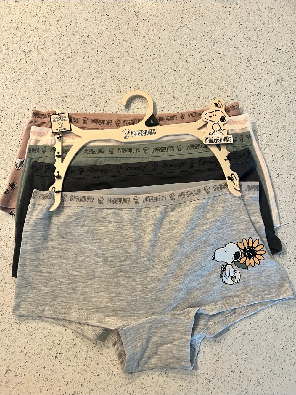Peanuts Snoopy 5 pack underwear with Snoopy holding a sunflower Large